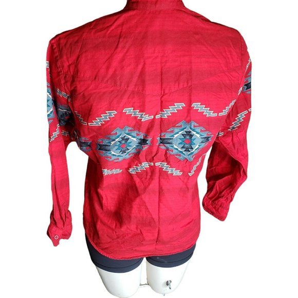 EUC Roper Western Shirt - Aztec Symbols on Muted Red Stripes - Women Size Small - Picture 4 of 9